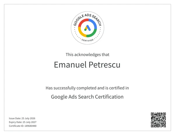 Google Ads Search Certification awarded to Emanuel Petrescu